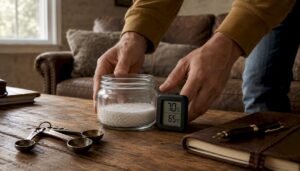 Hands setting up hygrometer salt calibration jar