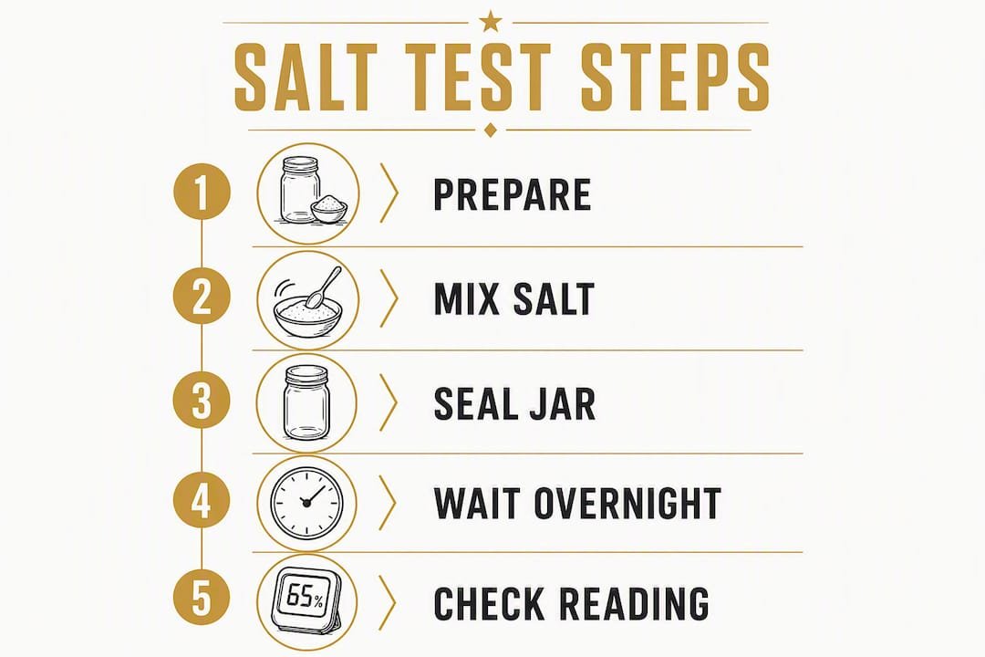 Infographic showing steps of 75% salt hygrometer calibration