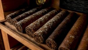 Close-up inside humidor showing white mold on cigars
