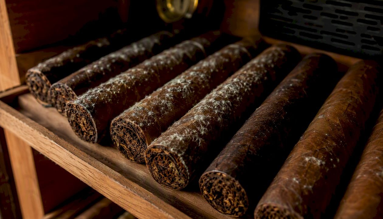 Close-up inside humidor showing white mold on cigars