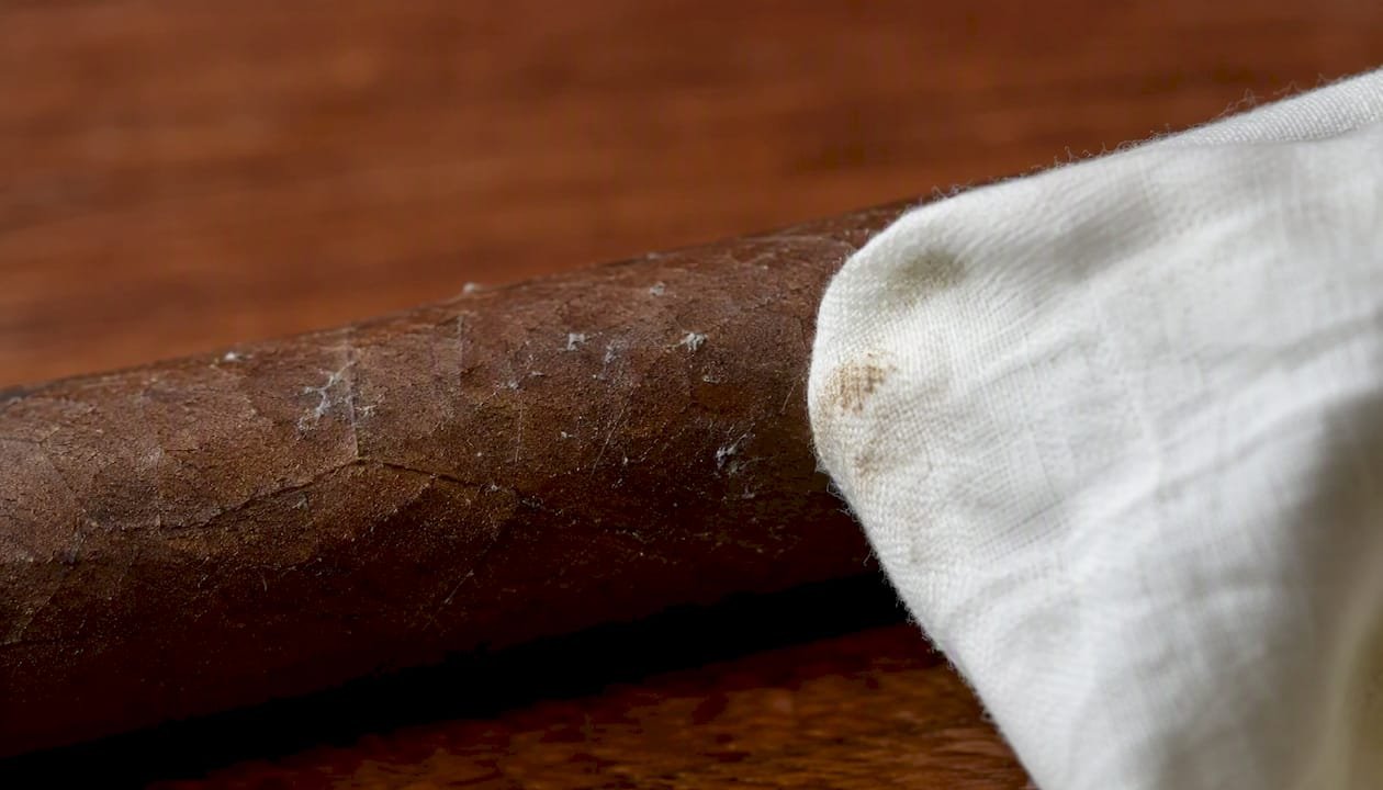 White cloth wiping moldy cigar wrapper surface