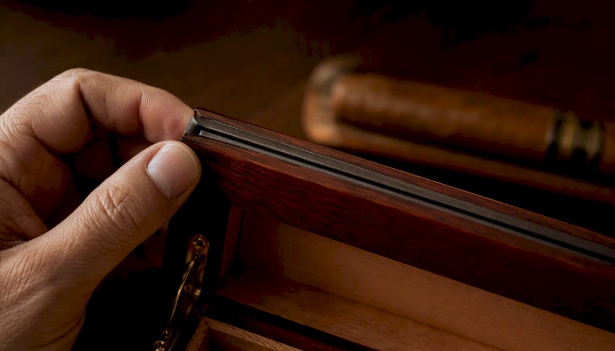Hand inspecting humidor lid gasket seal
