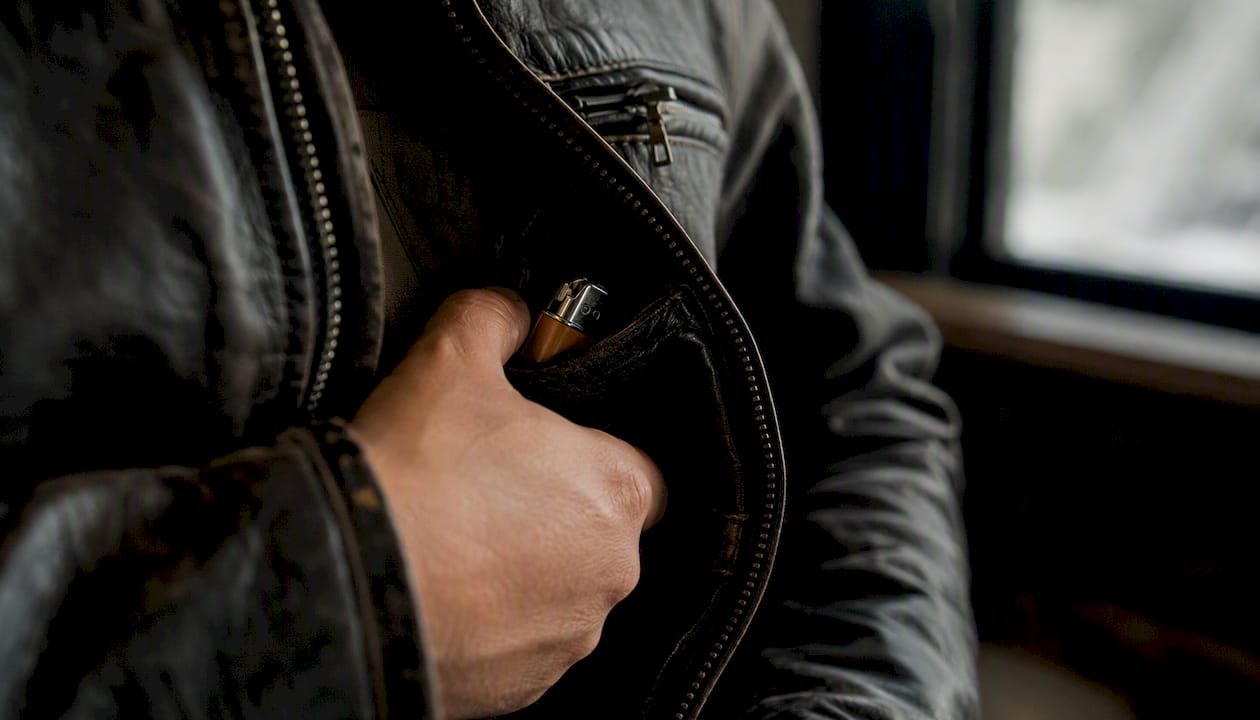 Hand placing lighter inside jacket pocket