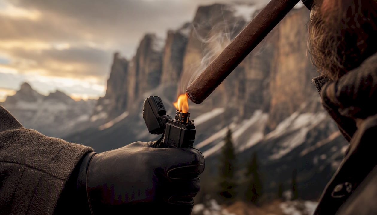 Cigar lighter flame at high altitude outdoor mountain