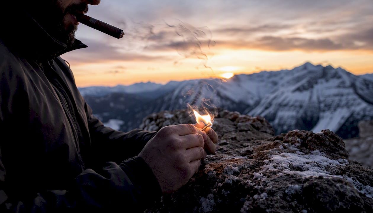 Hand lighting cigar with waterproof match at mountain