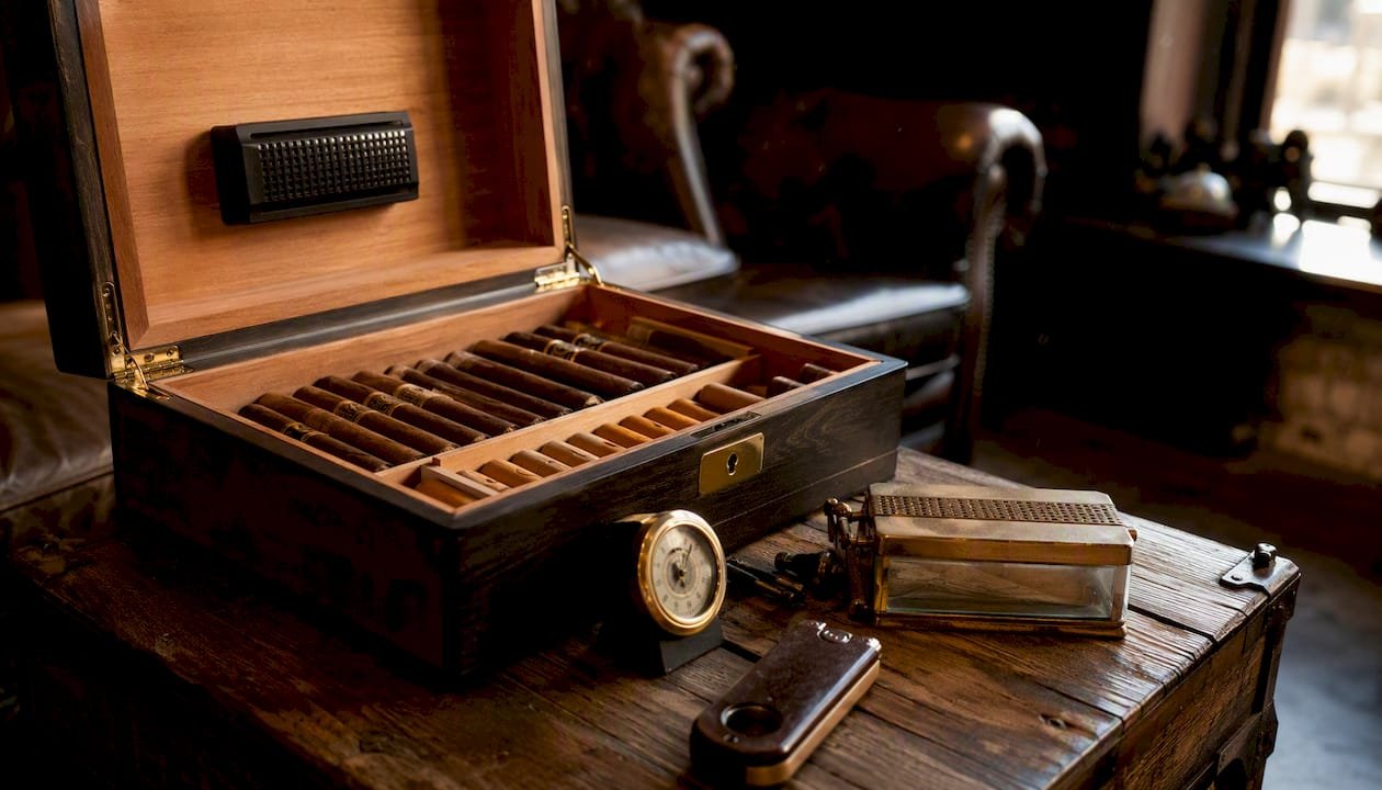 Opened luxury humidor with cigars and accessories