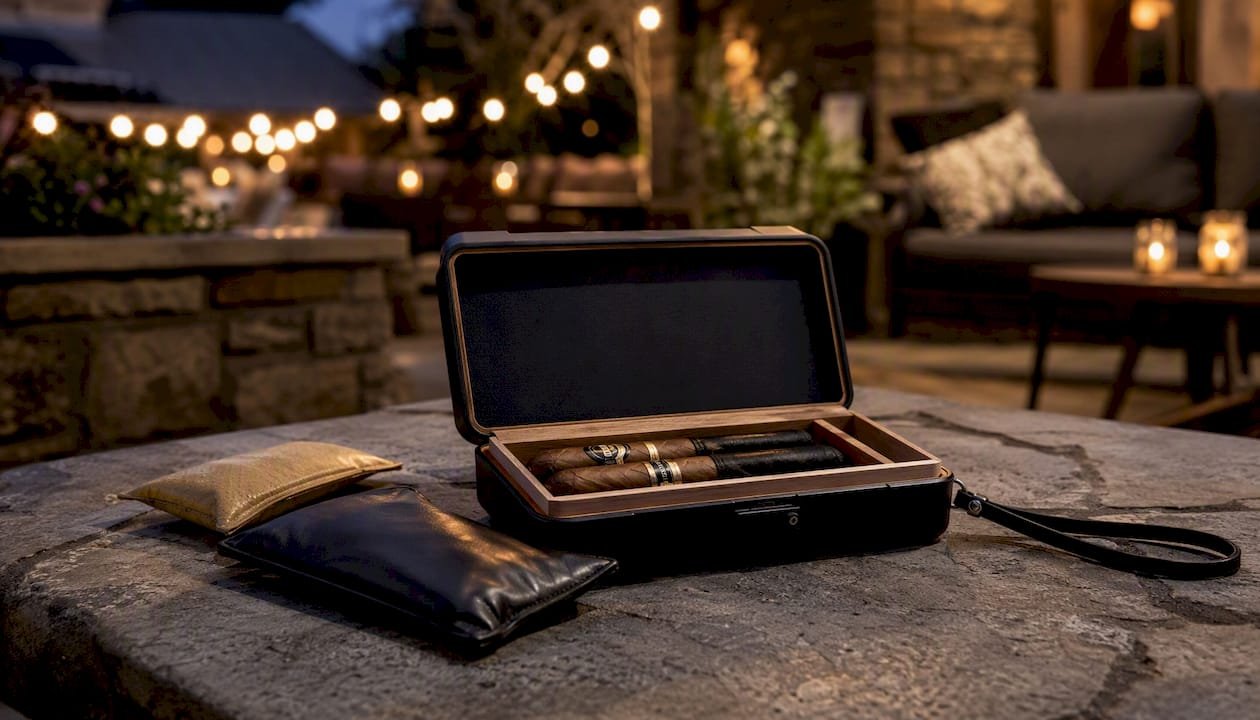 Open compact travel humidor with cigars outdoors
