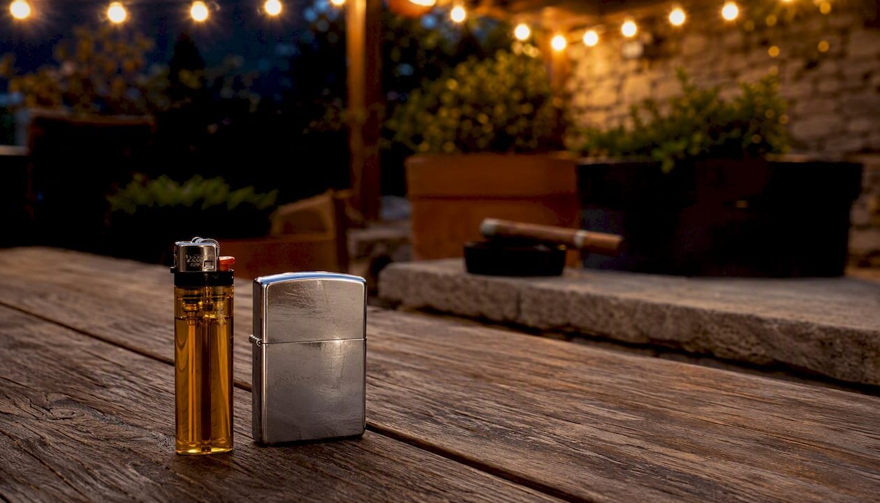 Disposable and Zippo-style lighters on wooden table