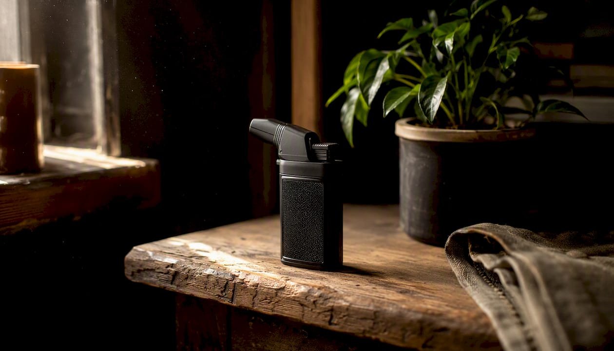 Torch lighter safely stored upright on shelf