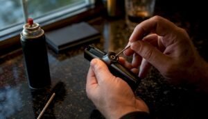 Hands cleaning torch lighter jet nozzle