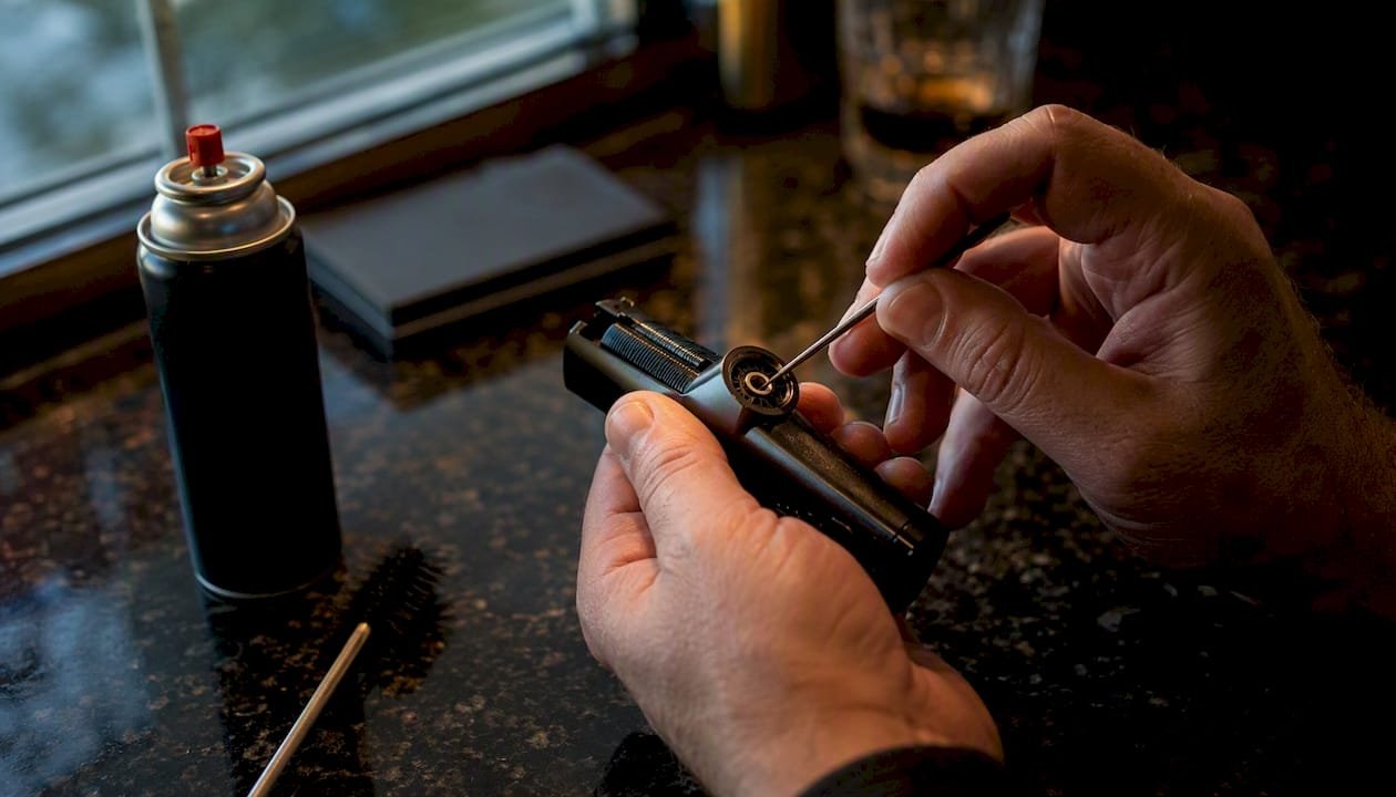 Hands cleaning torch lighter jet nozzle