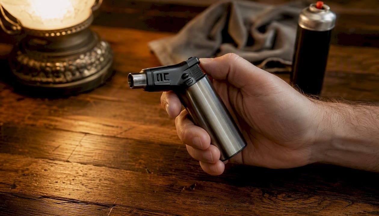 Hand gently shaking torch lighter near ear
