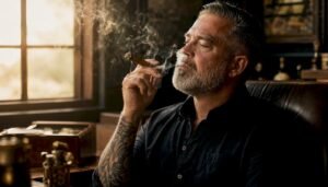 Man retrohaling cigar smoke through nose