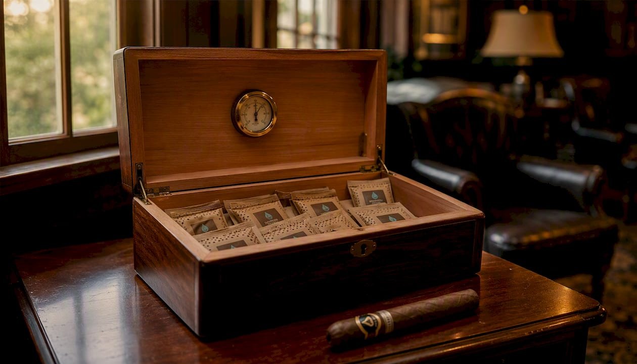 Open wooden humidor with Boveda seasoning packs inside