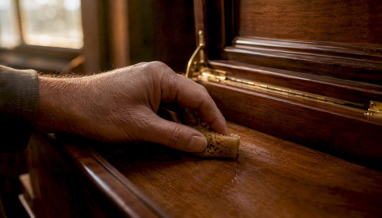 Hand wiping humidor cedar interior with damp sponge
