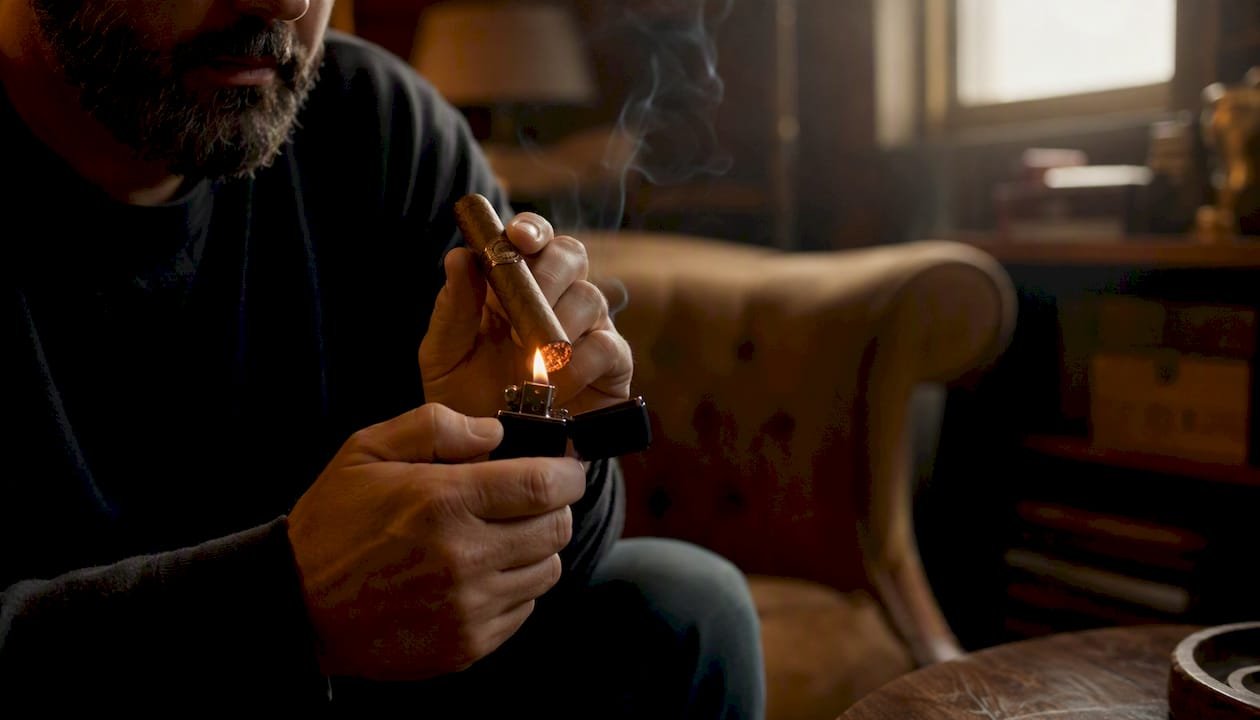 Soft-flame lighter lighting slim cigar indoors