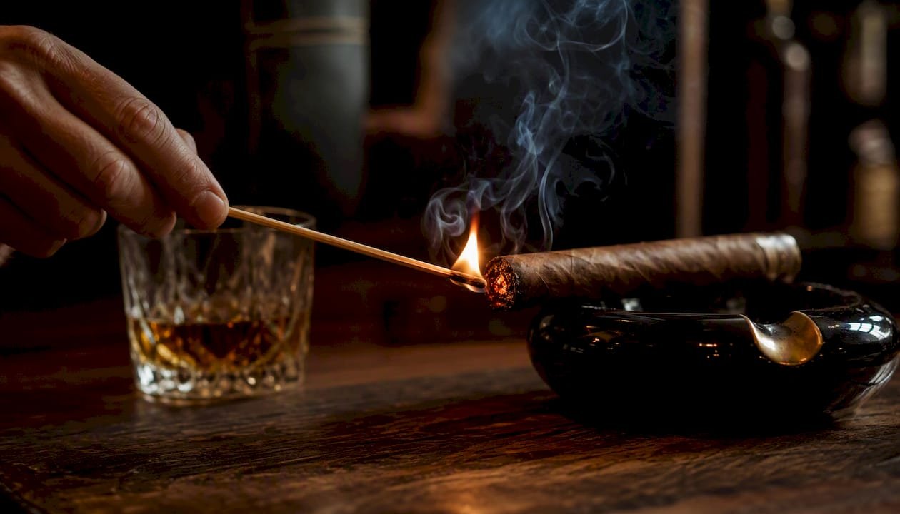 Long wooden match lighting cigar foot