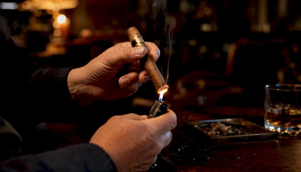 Hand lighting cigar foot with torch lighter