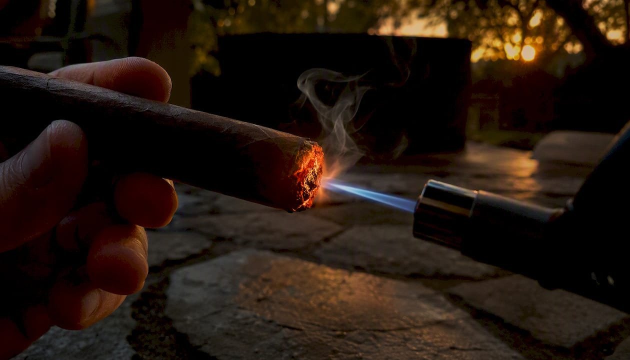 Butane torch lighting cigar outdoors