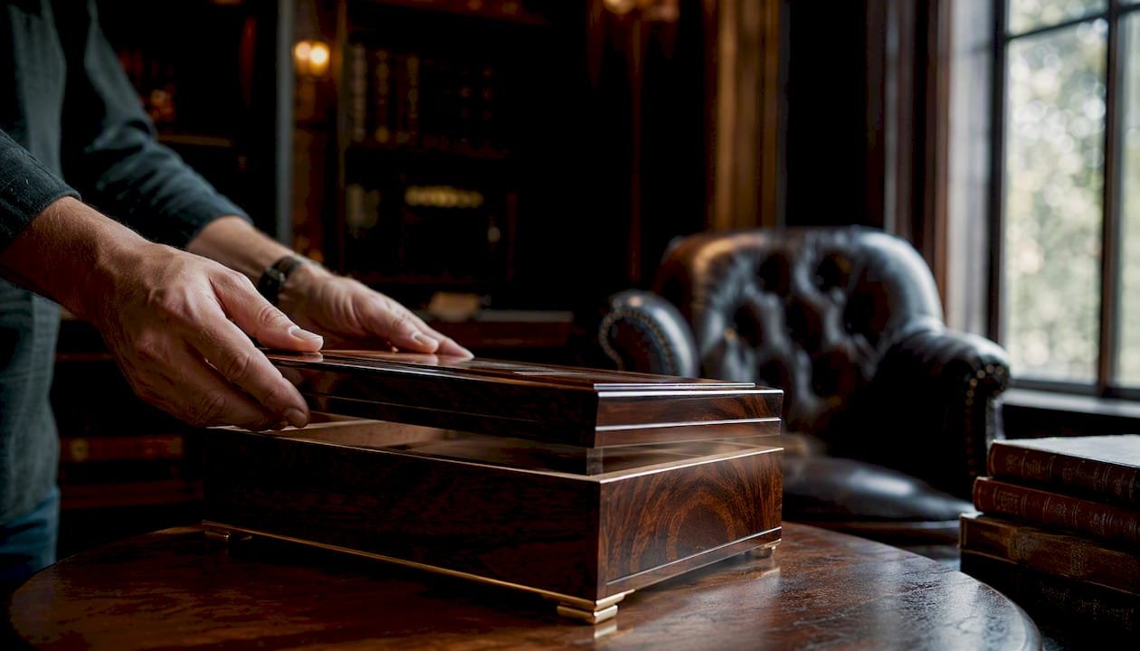 Humidor lid softly closing showing gasket compression