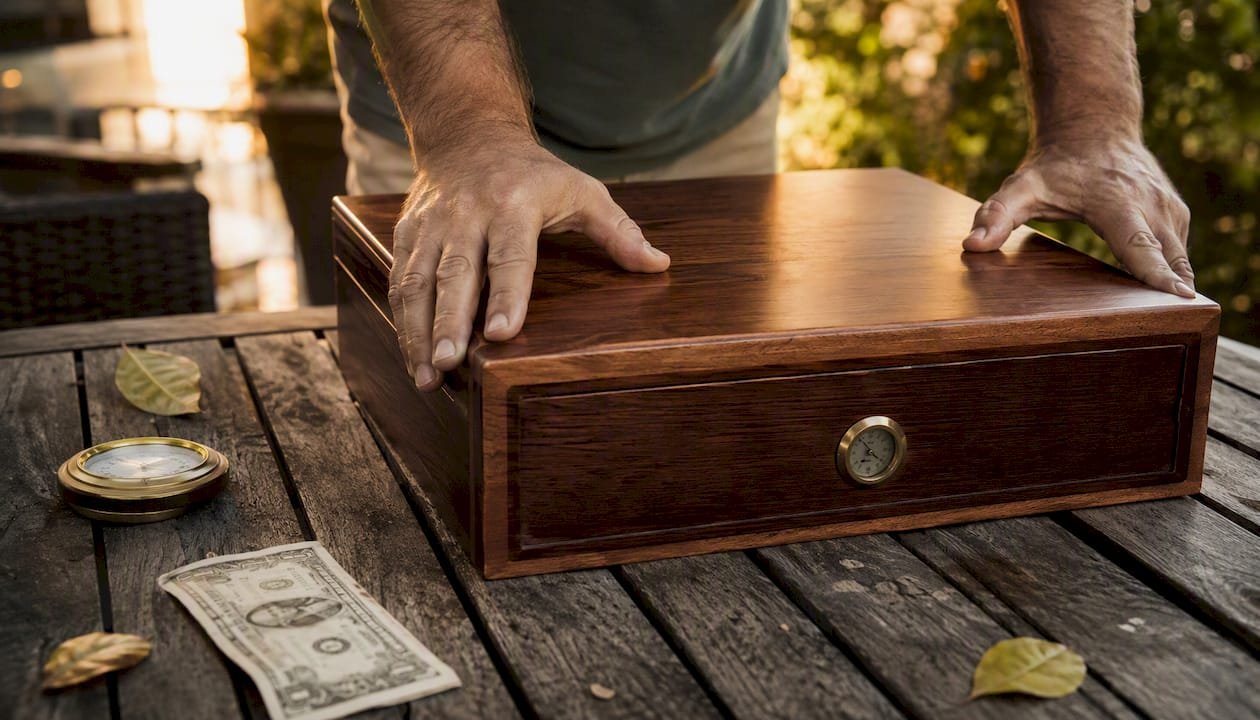 Hands performing whoosh test on humidor lid