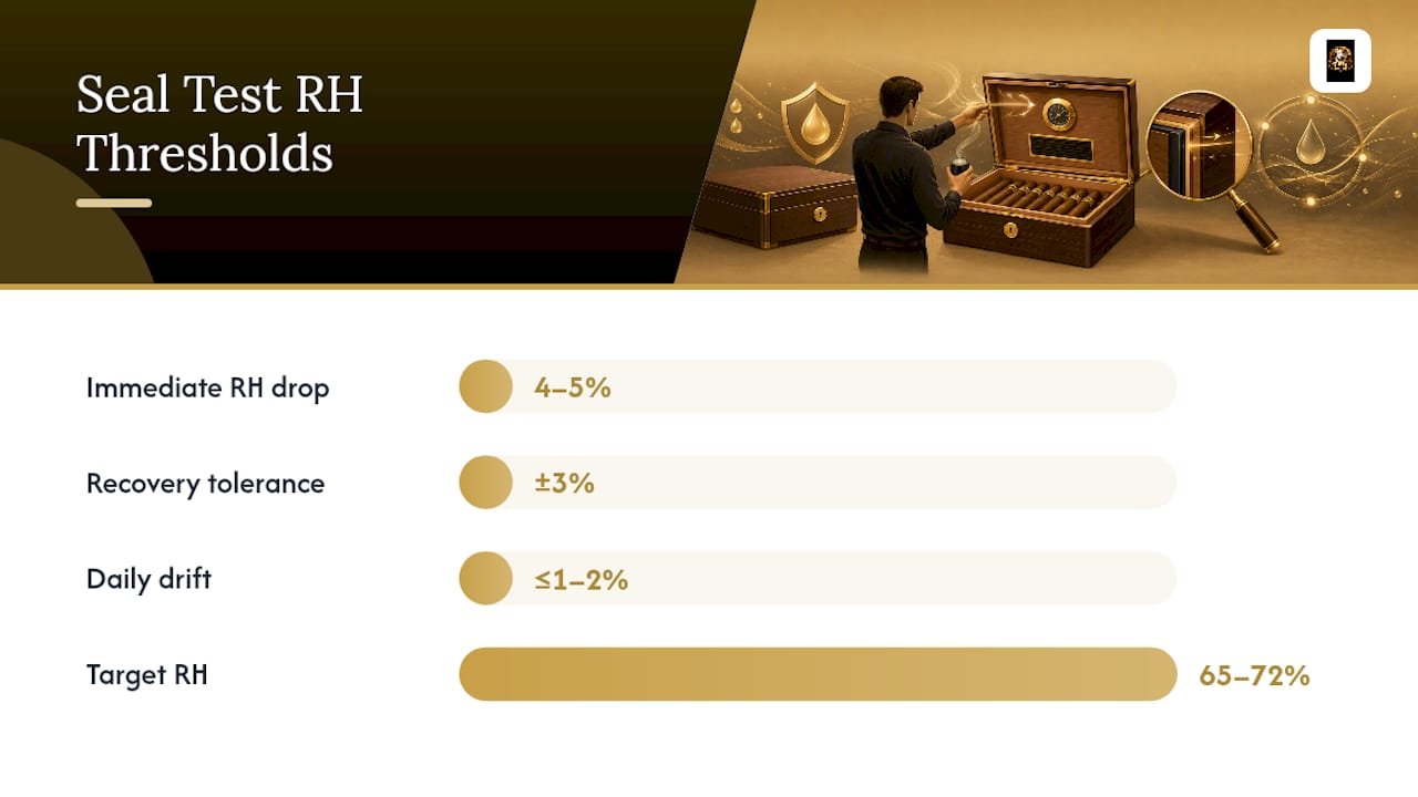 Diagram summarizing humidor seal test key metrics and repair steps