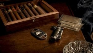 Essential cigar accessories flat lay