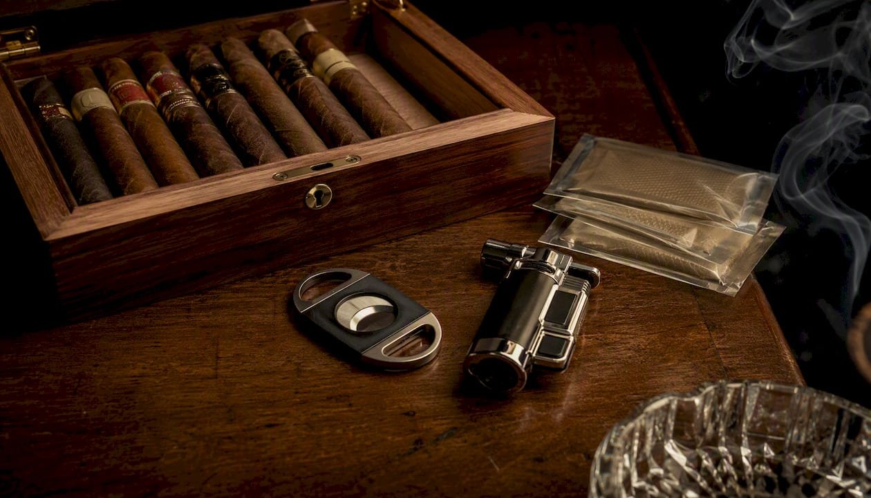 Essential cigar accessories flat lay
