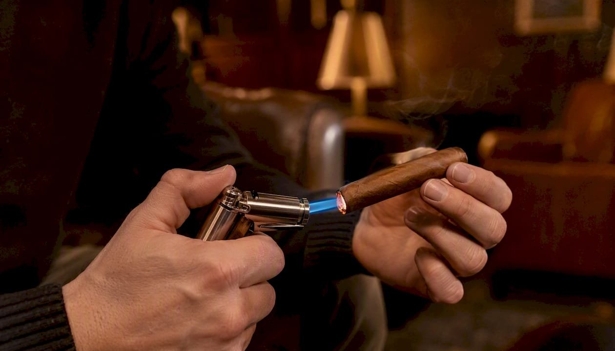 Hand lighting cigar foot with torch lighter