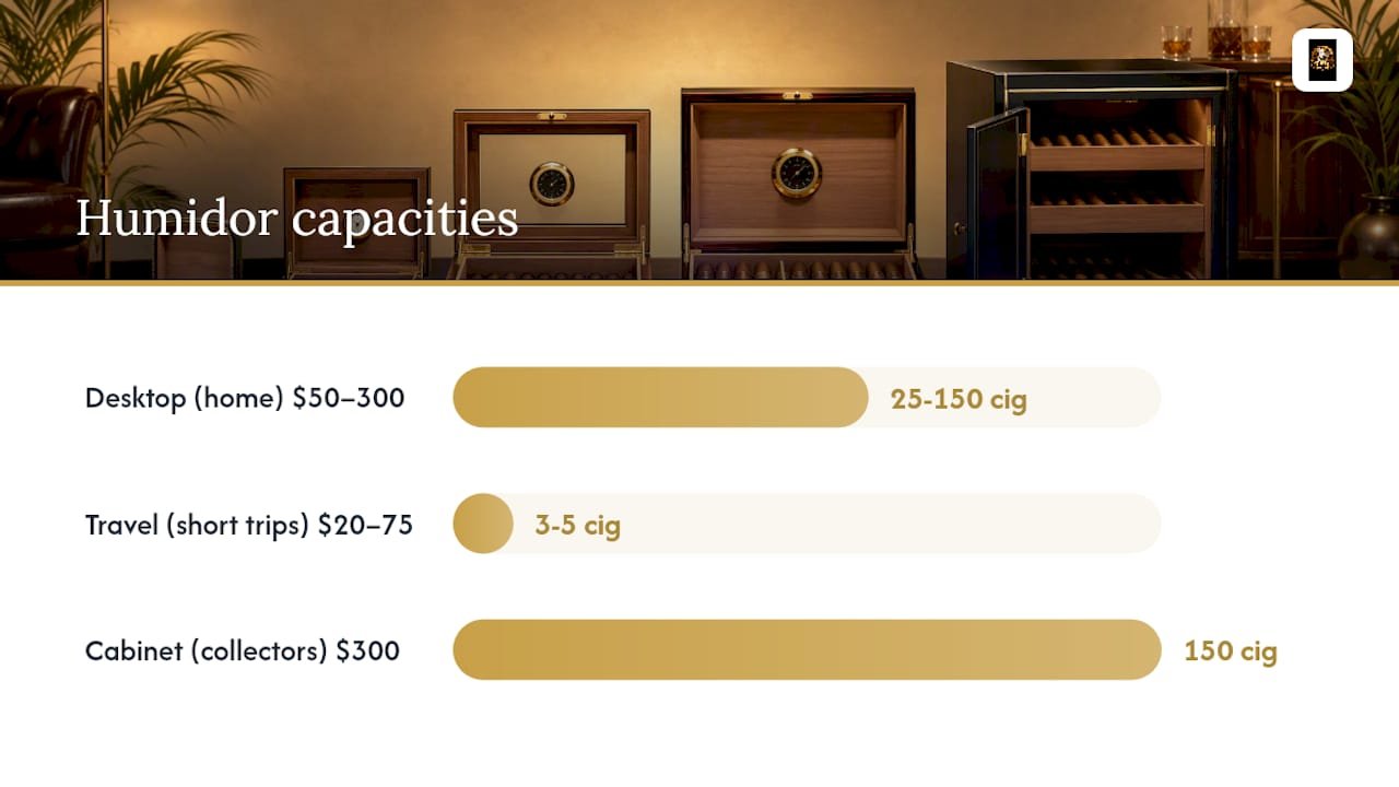 Comparison diagram of humidor types with capacities and prices