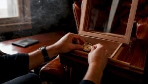 Hands positioning a hygrometer inside a humidor