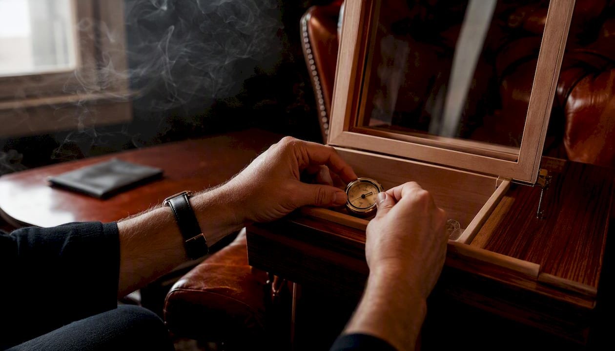 Hands positioning a hygrometer inside a humidor