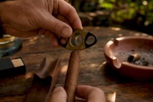 Hand cutting cigar with guillotine cutter