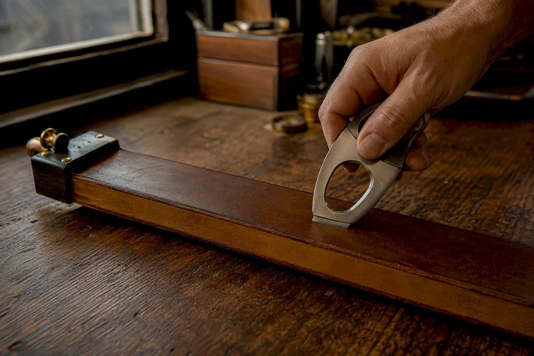 Hand stropping cigar cutter blade on leather strop