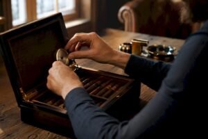 Hands removing humidifier from wooden humidor