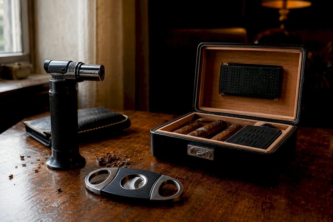 Cigar torch, cutter, and travel humidor kit