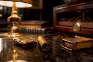 Loose draw cigar with repair tools on wooden workbench