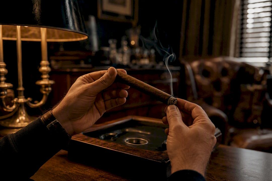 Hands inspecting cigar firmness under warm lamp