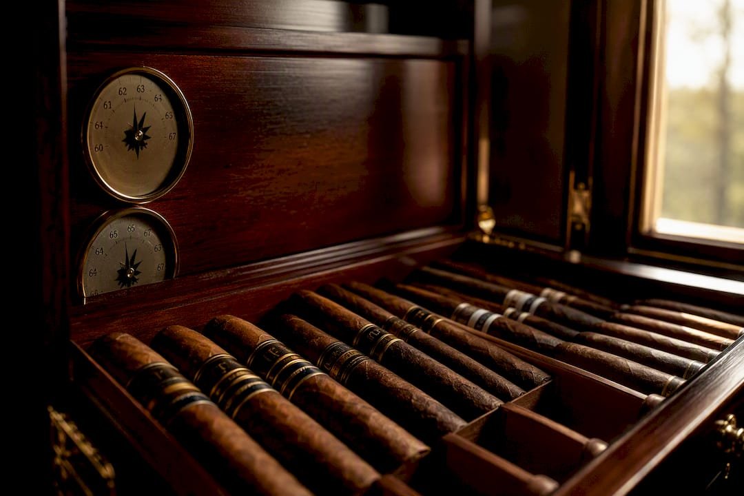 Humidor interior showing humidity bands for aging cigars