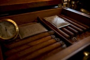 Two-way humidity packs inside cigar humidor