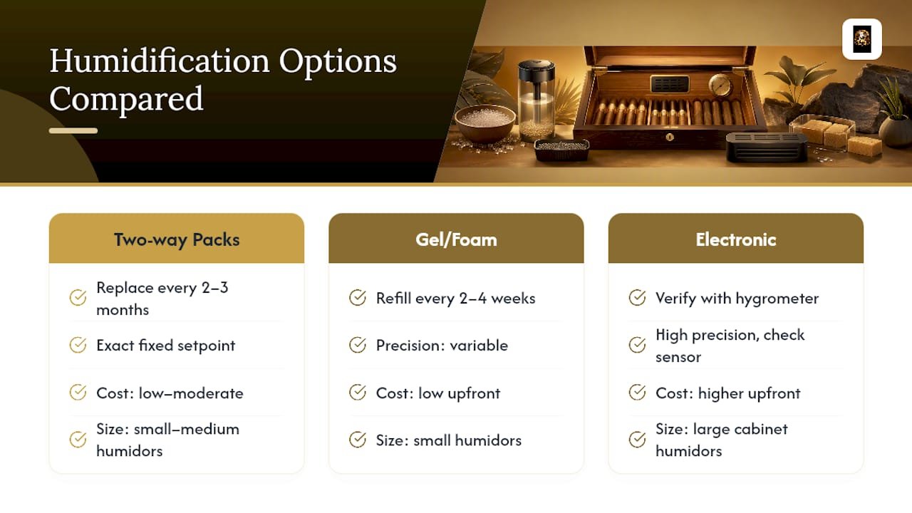 Comparison chart of cigar humidification methods