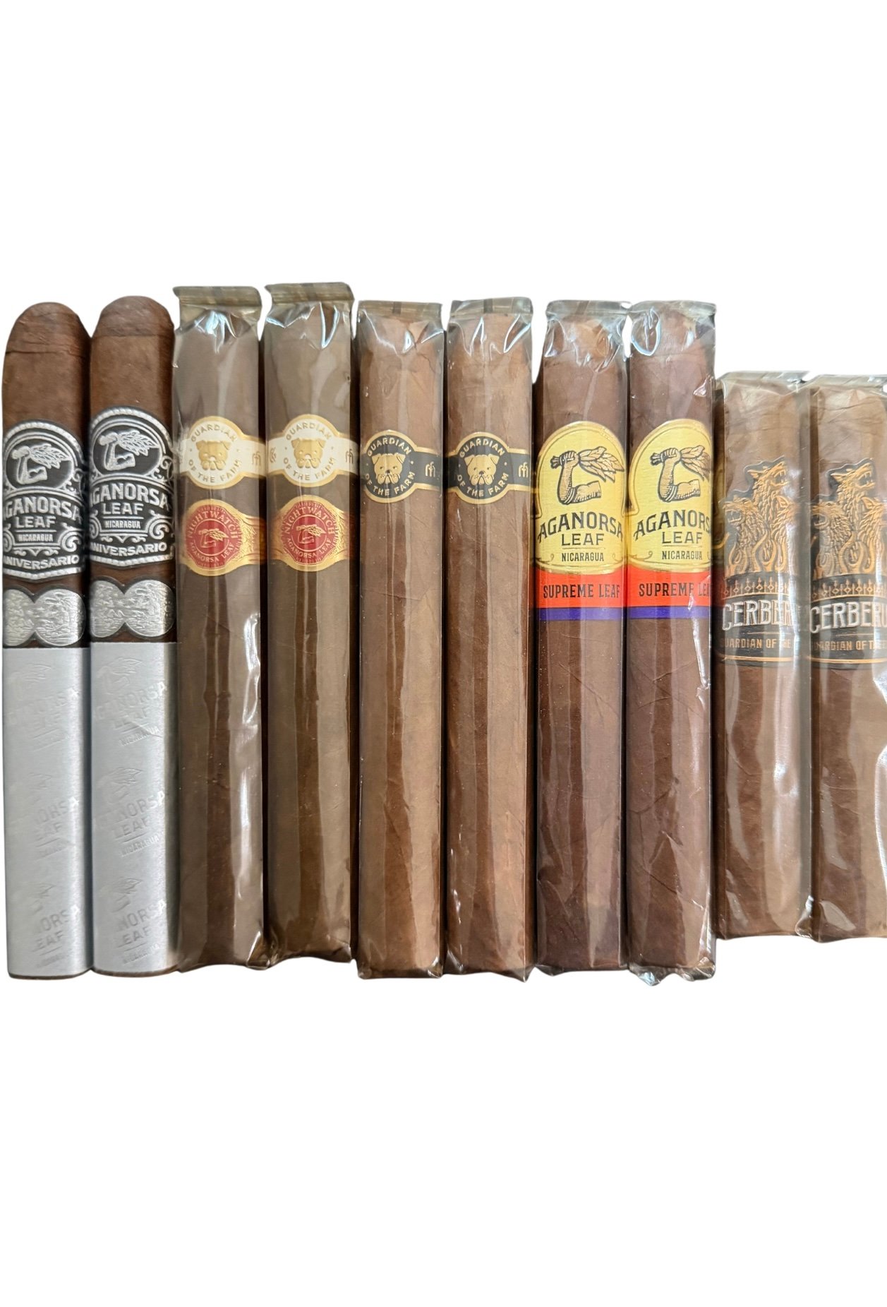 Aganorsa Leaf Cigar Premium Sampler containing aganorsa leaf aniversario maduro toro, guardian of the farm nightwatch toro, guardian of the farm campeon, guardian of the farm cerberus, and supreme leaf 109