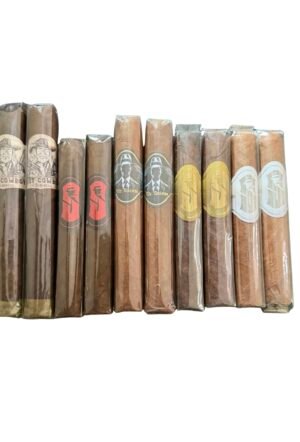 Sinistro 10 cigar sampler containing 2 sinistro last cowboy maduro toro, two sinistro mr red robusto, 2 sinistro mr sinistro robusto, 2 sinistro mr white gold robusto, and two sinistro mr white