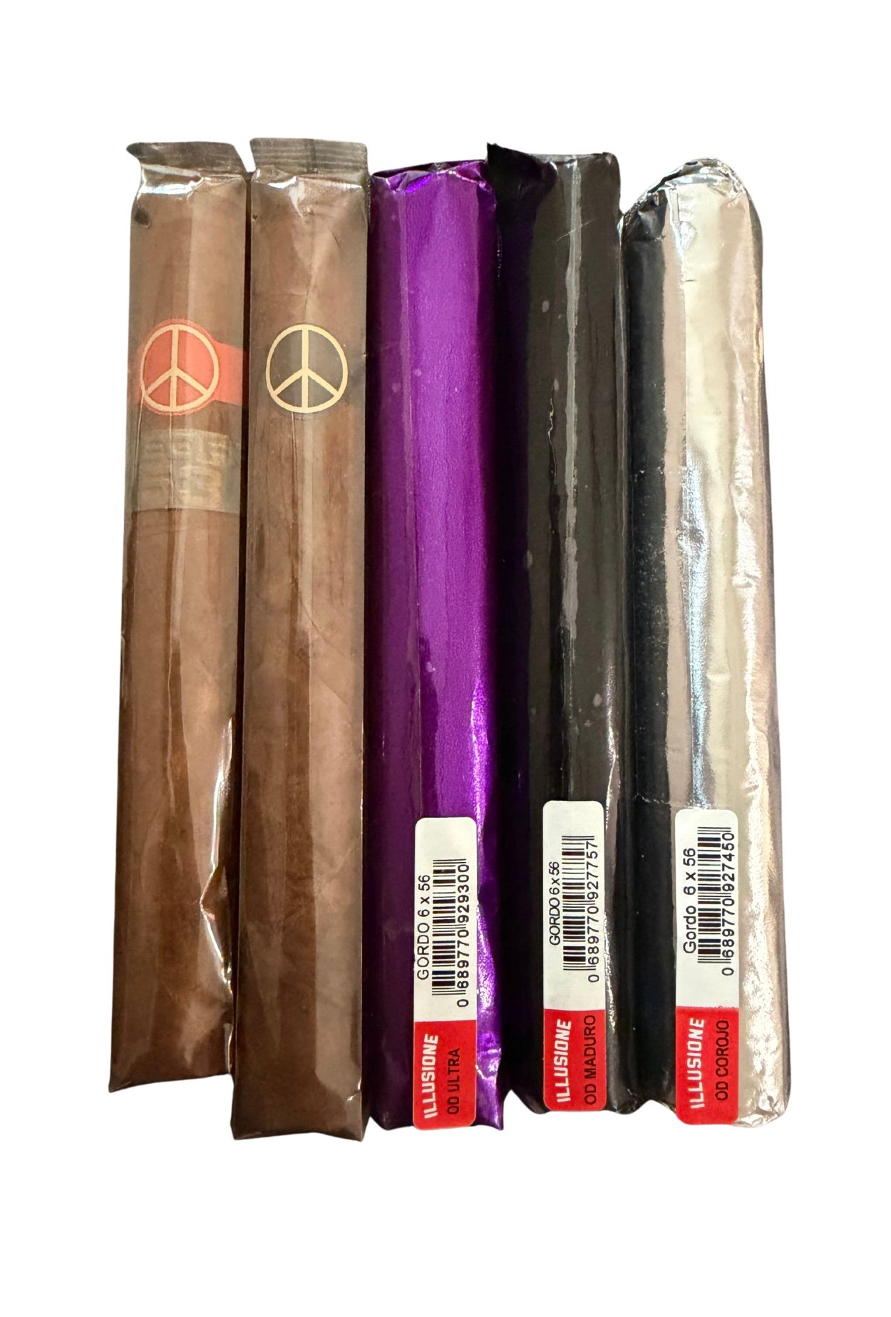 Illusione Sampler containing illusione oneoff +53 super robusto, Illusione oneoff black toro, illusione original documents maduro gordo, illusione original documents corojo gordo, and illusion original documents ultra gordo