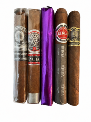 la flor dominicana carbon flower sampler containing 5 cigars, 1 lfd carbon flower, 1 espinosa knuckle sandwich nicaraguan puro, 1 illusione original documents ultra gordo, 1 eiroa cbt maduro toro, 1 tabernacle broadleaf toro