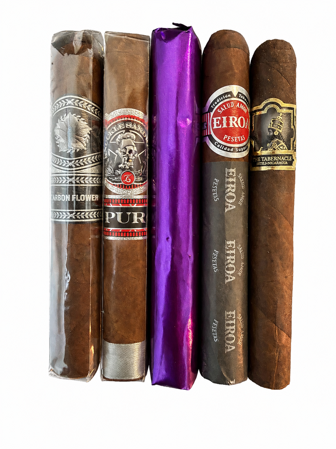 la flor dominicana carbon flower sampler containing 5 cigars, 1 lfd carbon flower, 1 espinosa knuckle sandwich nicaraguan puro, 1 illusione original documents ultra gordo, 1 eiroa cbt maduro toro, 1 tabernacle broadleaf toro