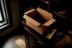 Shipped cigars resting beside storage cabinet