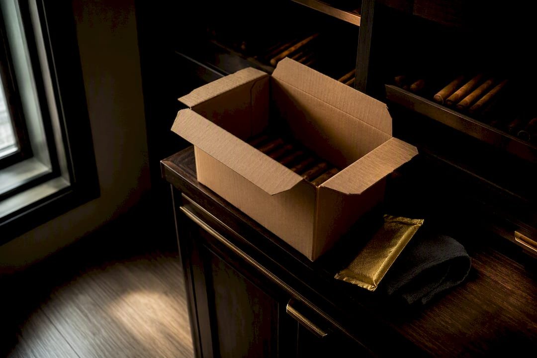 Shipped cigars resting beside storage cabinet