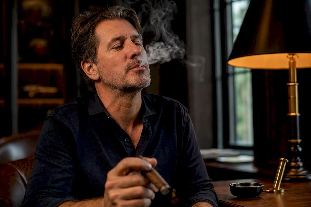 Cigar taster demonstrating retrohaling technique
