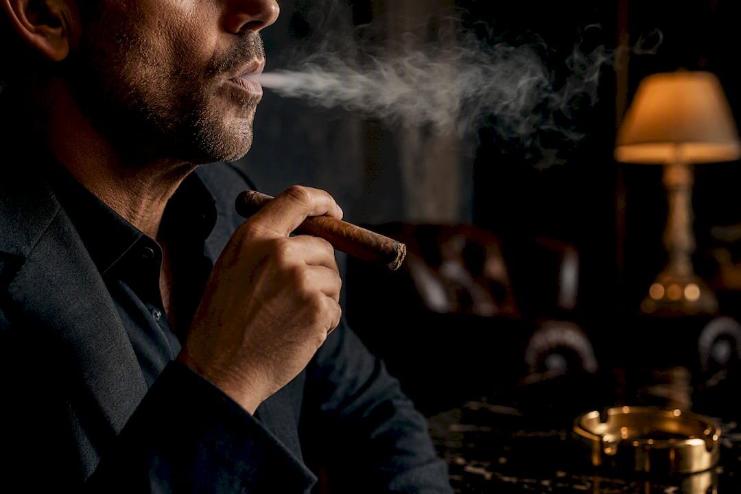 Smoker exhaling cigar smoke without inhaling